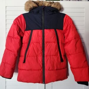 Red and Black Kids Puffer Jacket with Faux Fur Hood